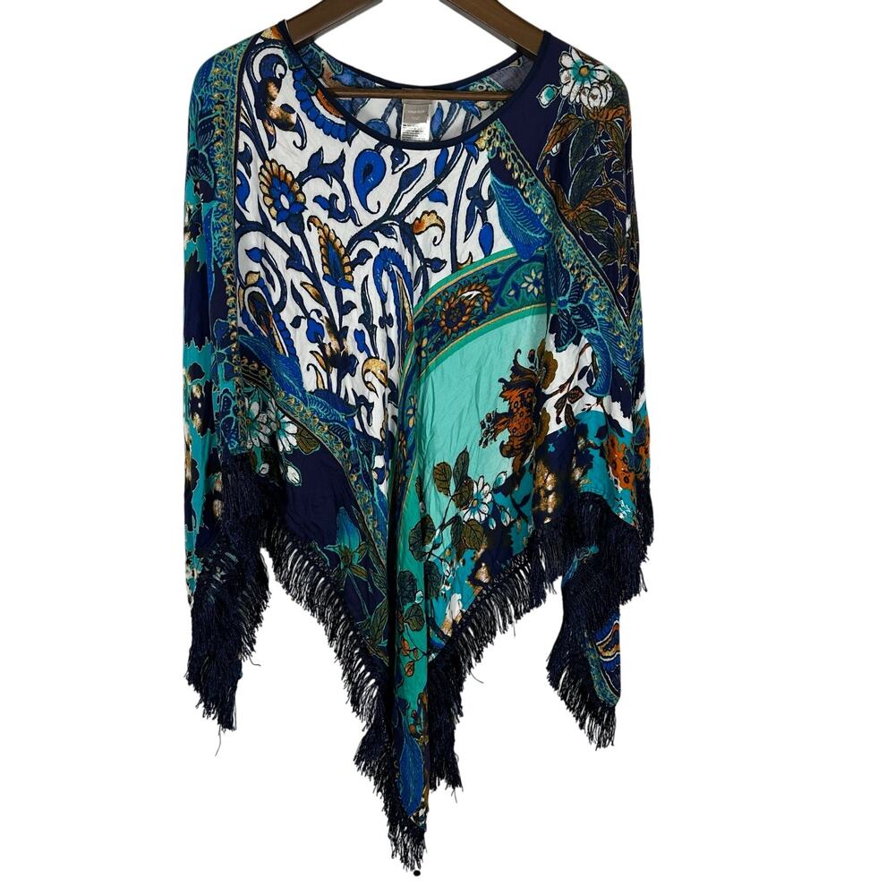 Chico's‎ Fringe Poncho OS Blue Floral Colorblock Bohemian Resortwear Artsy
